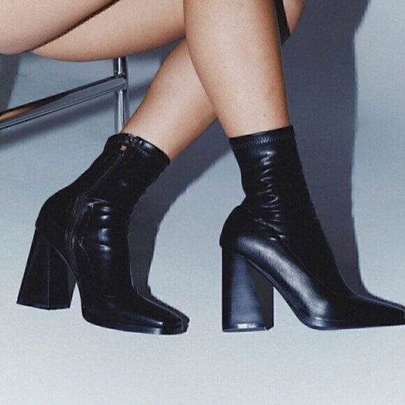 Princess Polly Mid-Calf Black Boots Women’s 6 Square Toe Block Heel Side Zipper - Picture 1 of 16